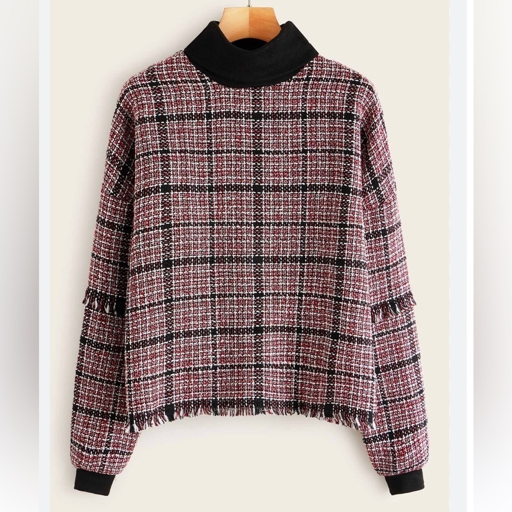 Red and Black Plaid Raw Hem Tweed Turtleneck Size M